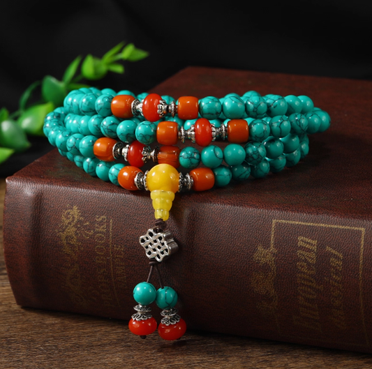 108-Bead Turquoise & Amber Mala: Verdant Growth, Harmonious Spirit