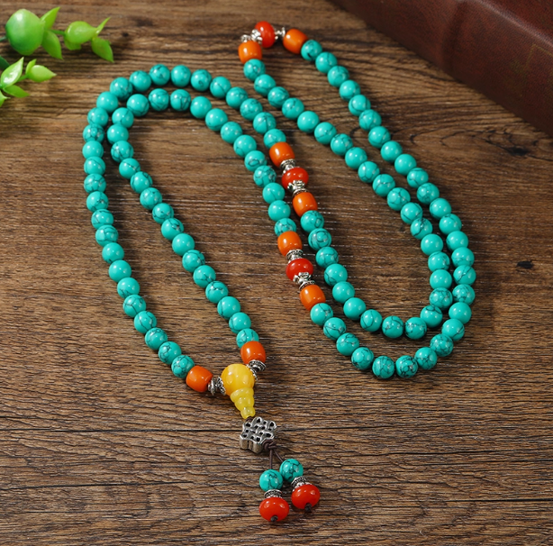 108-Bead Turquoise & Amber Mala: Verdant Growth, Harmonious Spirit