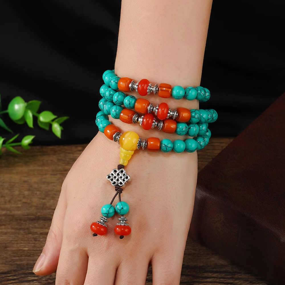108-Bead Turquoise & Amber Mala: Verdant Growth, Harmonious Spirit