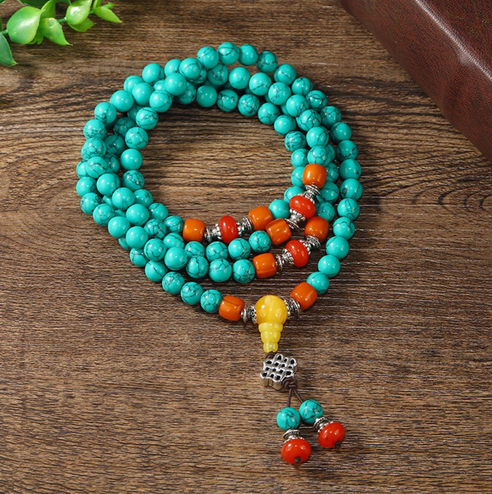 108-Bead Turquoise & Amber Mala: Verdant Growth, Harmonious Spirit